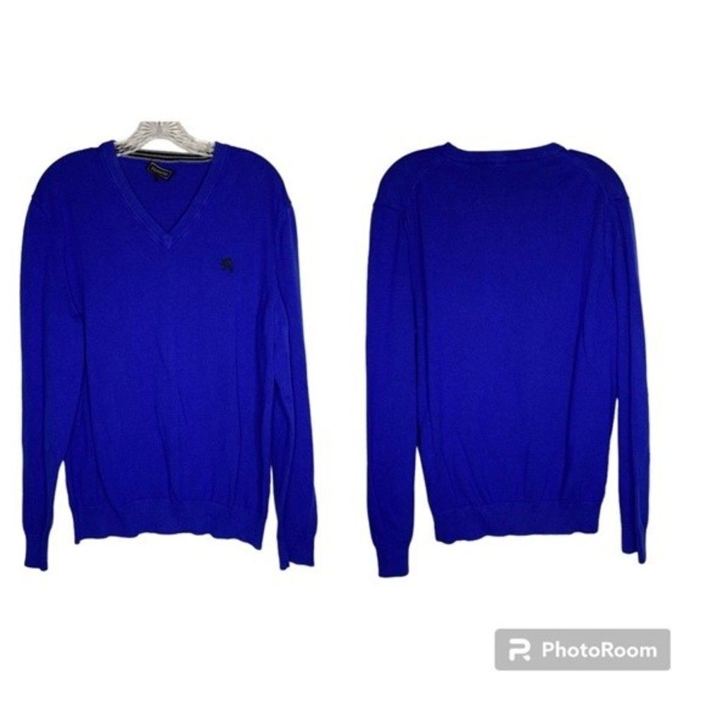 Express Blue V Neck Cotton Sweater Ribbed Hem Cuffs Embroidered Logo Large Mens